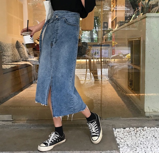 スカート デニムスカート ロング丈 アシンメトリー フロントスリット カジュアル ストリート系 ダメージ 切りっぱなし 春夏 通学 女子会 トレンド ベーシック ブルー ブラック Southisland