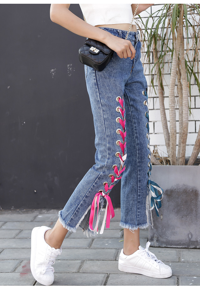 デニム パンツ ジーンズ かわいい レディース リボン ダンス キュート 可愛い 衣装 個性的 編み込み ニッチ 原宿系 ジーパン Max Voyage