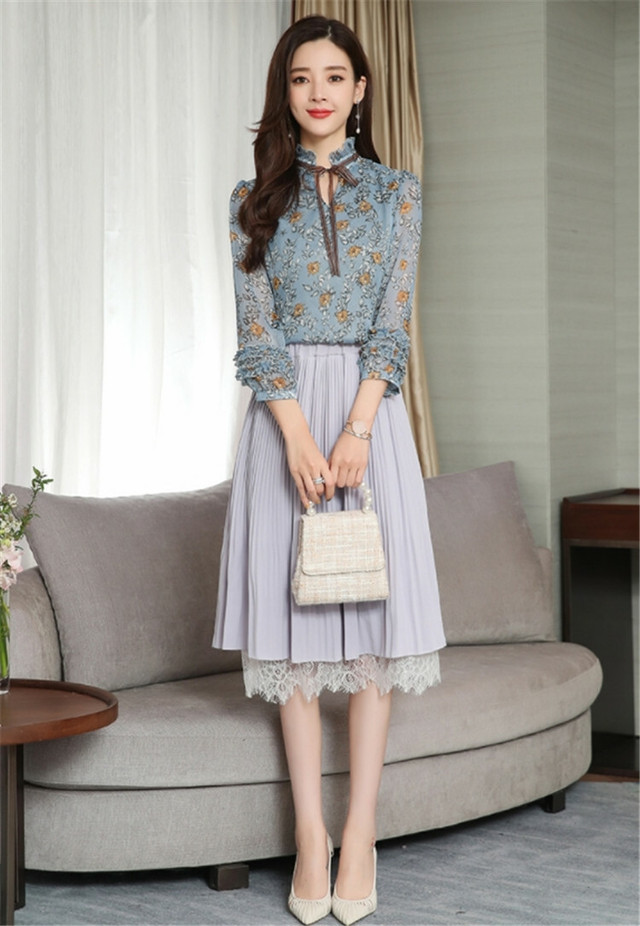 春も使える 限定sale 韓国ファッション 気質ol スタイル シフォン シャツ プリーツスカート 2点セット 特売チャンネル