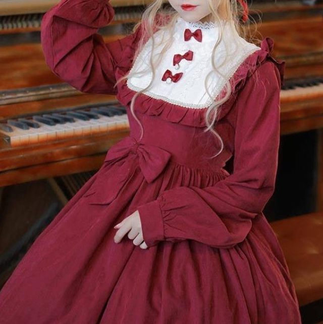 クラロリ ロリータ ワンピース 長袖 お嬢様 ドレス ワインレッド リボン フリル 膝丈 クラシカル シンプル ハイウエスト Heart Mart クラロリ ロリータ ワンピース 長袖 お嬢様 ドレス ワインレッド リボン フリル 膝丈 クラシカル シンプル ハイウエスト Heart Mart