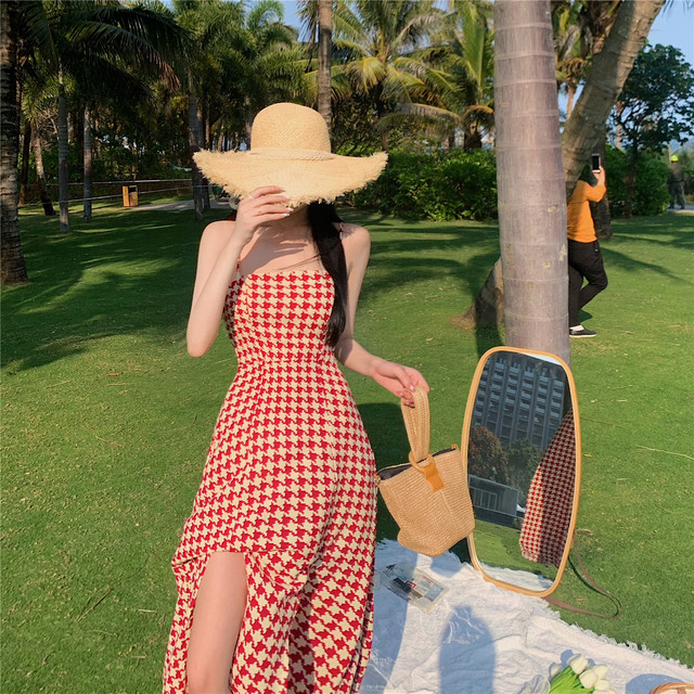 ワンピース レディース ロング丈 千鳥格子 キャミソールワンピース スリット入り 夏 セクシー 大人っぽい デート お出かけ Mh3057 Valentina210