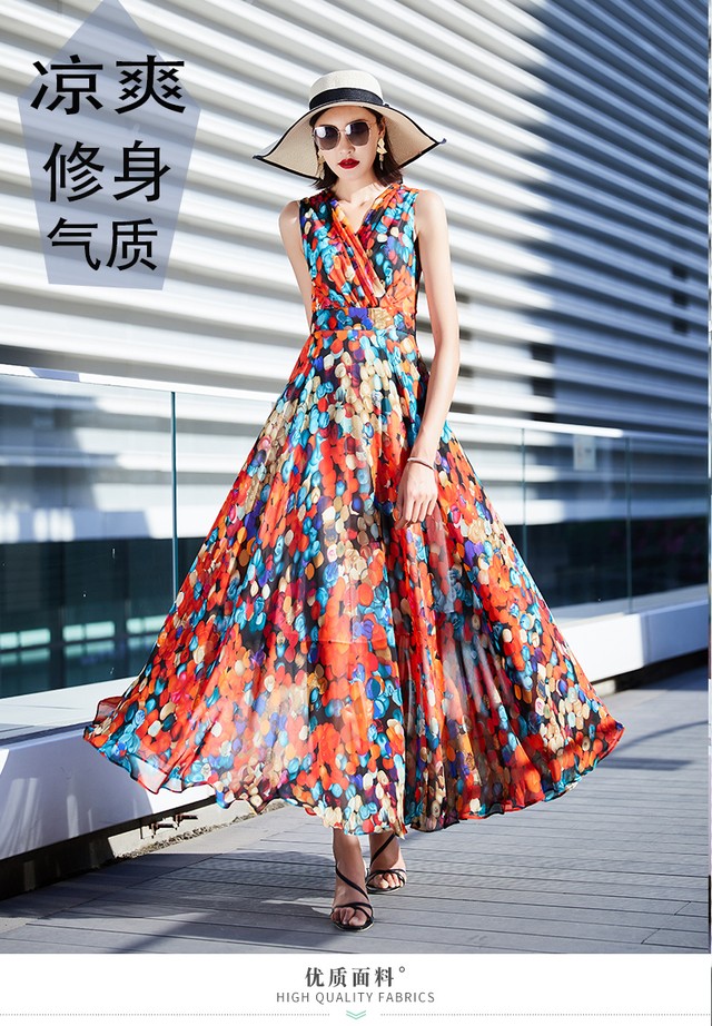 ワンピース マキシ丈 Vネックノースリーブ 花柄 Aライン 大きいサイズ リゾート フレア 春夏秋 レッド ブルー ウッディーベース1号店