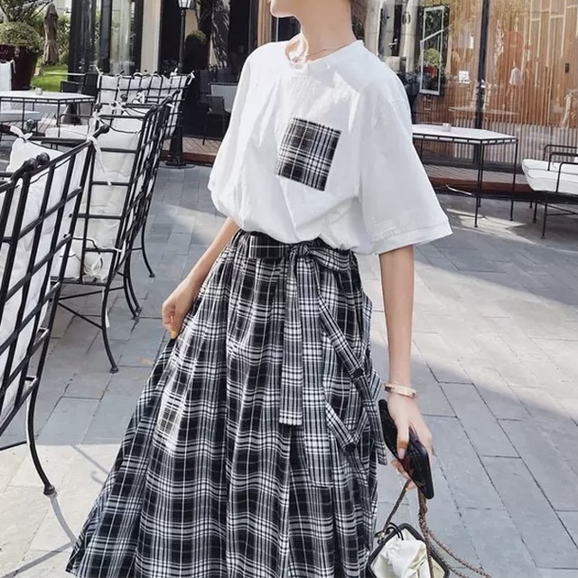 No 797 Tシャツ チェック柄 スカート ドッキング ワンピース フェミニン 上品 韓国のプチプラレディース 子供服ショップ Sourire