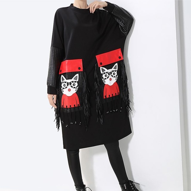 タッセル付き ワンピース レディースファッション 大きなポケット ネコ 猫 長袖 膝丈 レトロ レディース 秋 冬 Dtc レディースファッション通販 Mask エムエーエスケー 大人可愛い韓国ファッション