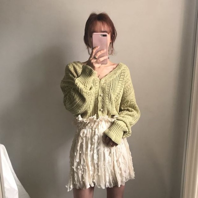 ブラウス ニット レディース 春 トップス 韓国 ファッション レディース 春服 春物 ニットブラウス Vネック ロング袖 ボリューム袖 ゆったり ニットカーディガン かぎ編み ニットカーディガン デコルテ 深ｖネック カーデ Vestito