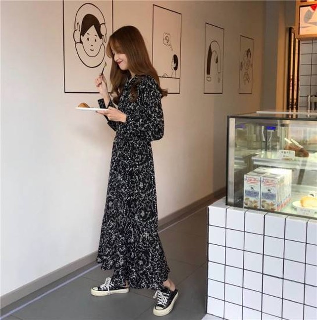 ワンピース 大きいサイズ ゆったり 小花柄ロングシャツワンピース 春ワンピース 新作ワンピース トレンド 人気ワンピース 韓国デザイン 韓国ファッション オルチャン 春服 Leaflower 001 リーフラワー レディースファッション専門店