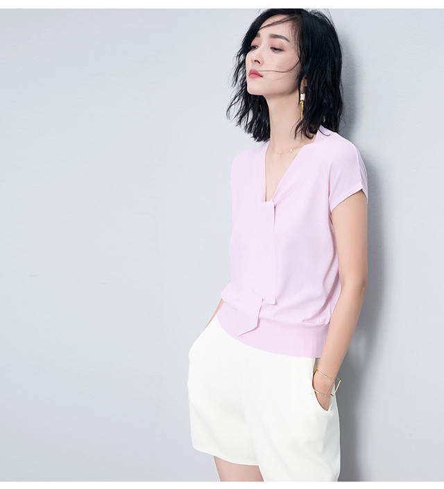 送料無料 ニット サマーニット 半袖 カットソー トップス レディース ボウタイ リボン シンプル オフィス カジュアル 通勤 フリーサイズ 体型カバー 春 夏 ネイビー ホワイト ブラック ラベンダー Lilyadorer リリーアドレ Mer0058 インナーショップ Lily Adorer