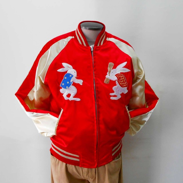 背中うさぎ刺繍スカジャン 赤 Embroidered Jumper Sukajyan あさひや木更津