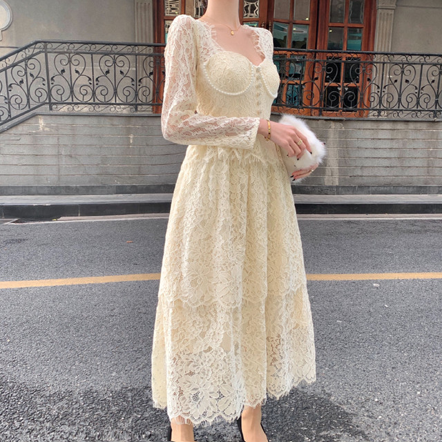ロングレースワンピース ワンピース ロング丈 長袖 レース ベージュ デート 女子会 韓国 オルチャン 韓国レディースファッション通販 ポワン