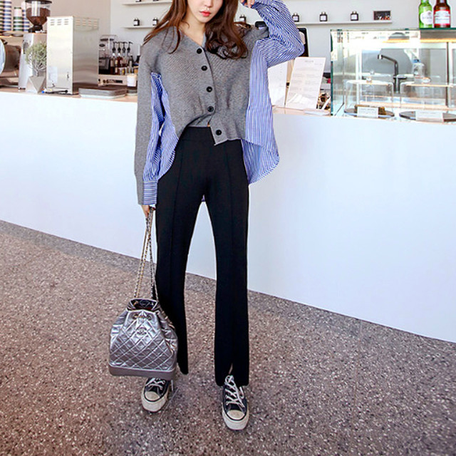 異素材 ニット カーディガン Vネック ブラウス レディース おしゃれ 切り替え トップス ストライプ柄 長袖 モダン デザイン シャツ Infini Arc En Ciel