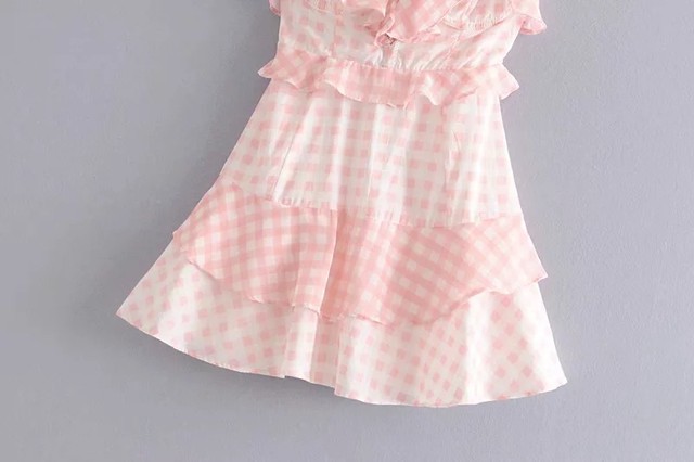 2カラー ギンガムチェック ピンク ブルー 水色 キャミソール ワンピース ミニスカート キャミソール ビーチ フリル リボン パステルカラー Loveysmileshop
