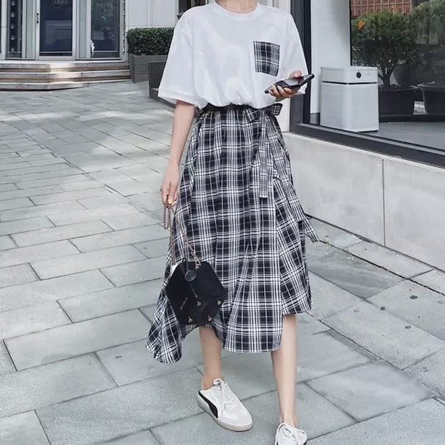 No 797 Tシャツ チェック柄 スカート ドッキング ワンピース フェミニン 上品 韓国のプチプラレディース 子供服ショップ Sourire