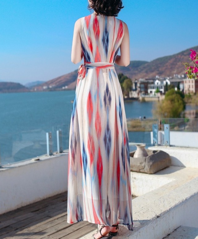 ノースリーブ ワンピース シースルー シフォン マキシ丈 エスニック風 ロングワンピース リゾート 夏 海 Fashionlover