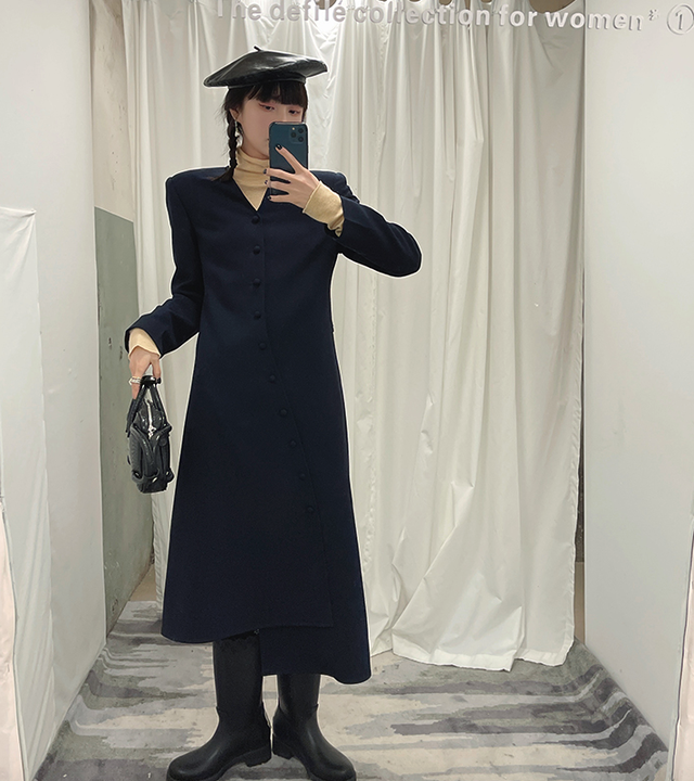 斜めボタンアシメトリーレトロエレガントワンピース Edona