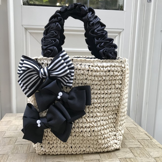 かごバッグ リボン パール付き カゴバッグ ベージュ 黒 Rubanbleu リュバンブルー