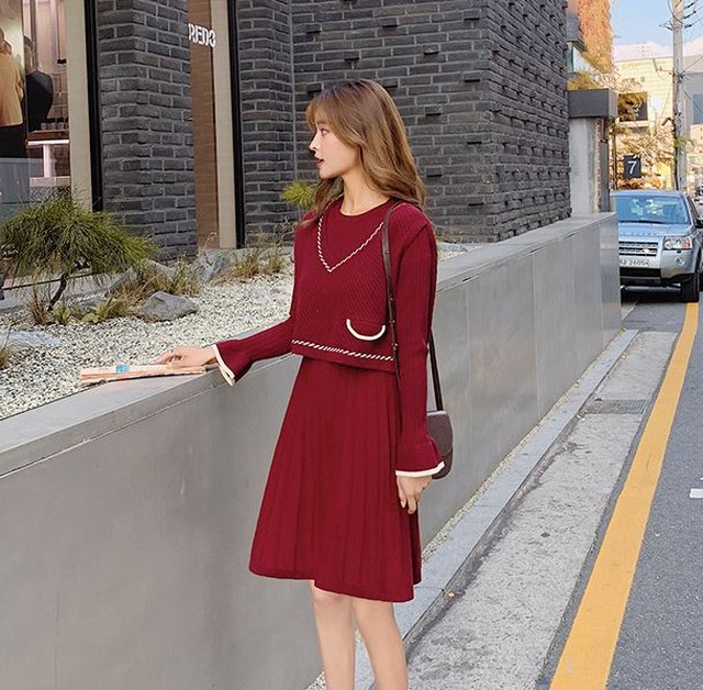 セットアップ ツーピース ニットベスト ワンピース 長袖 膝丈 フレア Vネック シンプル 無地 カジュアル Quadrifolie クローバー