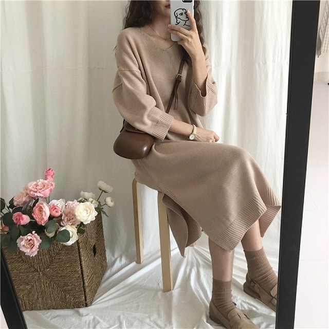 ワンピース ニットセーター ミモレ丈 スリット ロングシャツ ビックニット Vネック エレガント 体型カバー マタニティ 妊婦服 Shop Suba
