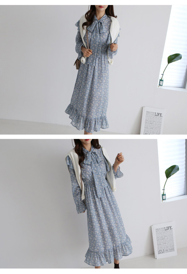 ロングワンピース 花柄ワンピース オーバーシルエット 長袖 体型カバー 小花柄 フラワー フローラル レトロ 大人 春 Op0030 Lumiastyle ルミアスタイル