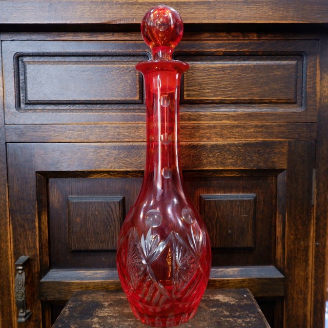 カットガラス 切子硝子 デキャンタ 香水瓶 酒瓶 ボトル 赤 花瓶 フラワーベース 古着屋 Sputonic