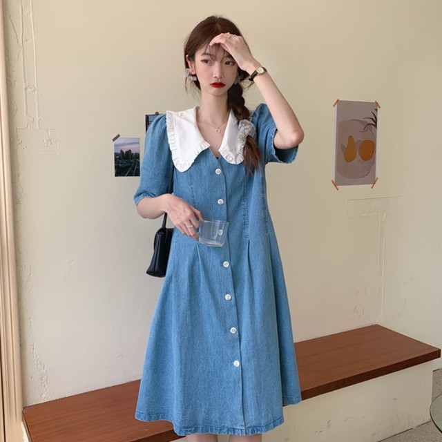レトロシャツワンピース ワンピース 半袖 レトロ ひざ丈 丸襟 デート 女子会 韓国 オルチャン 韓国レディースファッション通販 ポワン