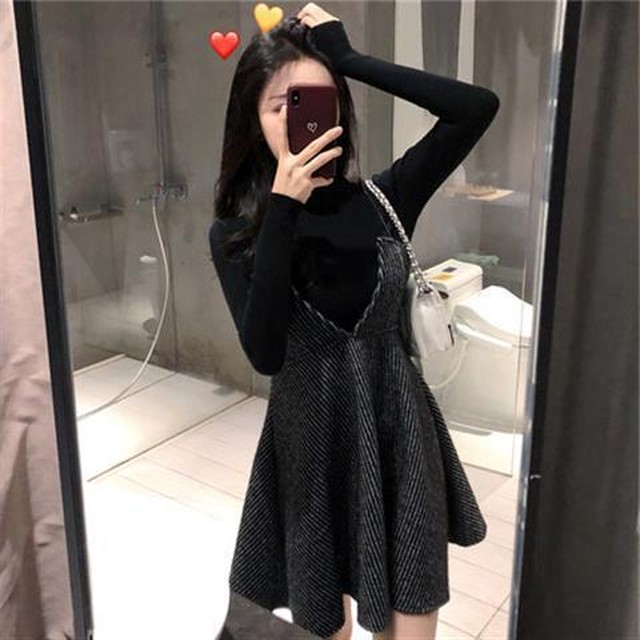 レイヤード ワンピース 秋冬 レディース 韓国 ファッション レディース ストラップ ワンピース サロペット ワンピース ストライプ 冬服 レディース フレアワンピース 大人ガーリー モノトーン シンプル セットアップ ミニワンピース 秋冬新作 Vestito
