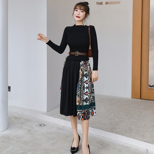 柄ニットプリーツワンピース プリーツワンピース ミディアムワンピース ワンピース フレア プリーツ 柄 長袖 ニット 大人可愛い きれいめ 女子会 お出かけ ブラック グリーン ブルー レッド S M L Xl 30代 40代 アラサー アラフォー At847 Sunny Place