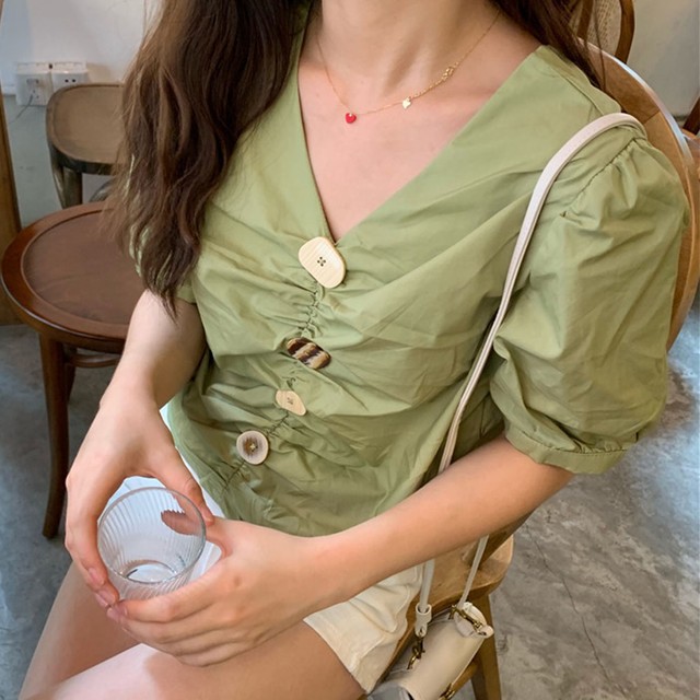 Vネック ブラウス パフスリーブ 半袖 ブラウス トップス レディース 夏 きれいめ レディース 韓国ファッション 直輸入通販 セクシーワンピース クールカジュアル 全品送料無料 Ukky Franky