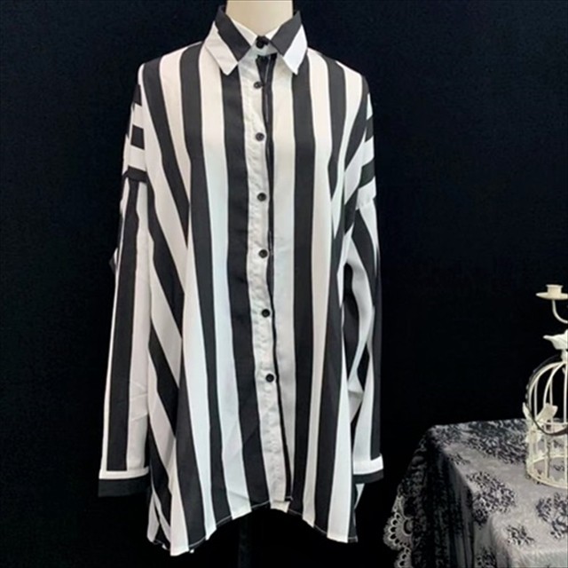 再入荷 シャツ ユニセックス 長袖 モノトーン ストライプ ビッグシルエット 病み可愛い カジュアル ハードv系 ビジュアル系 ストリート系 天使と悪魔 サブカル系ファッション Seasonz