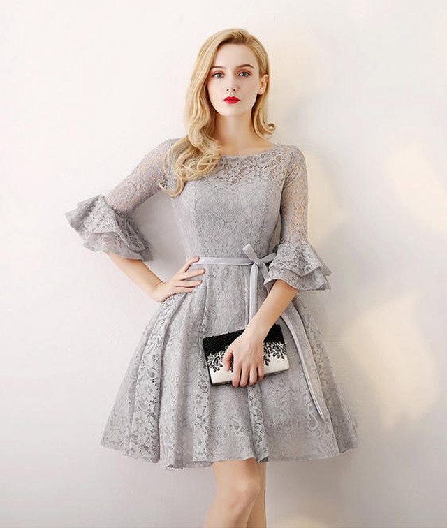 2色 ミニドレス ワンピース 総レース Aライン 7分袖 ウエストリボン ベルスリーブ クルーネック フリル フレアスカート 結婚式 呼ばれ 二次会 パーティー 花嫁介添人 大きいサイズ Mm Square 1st