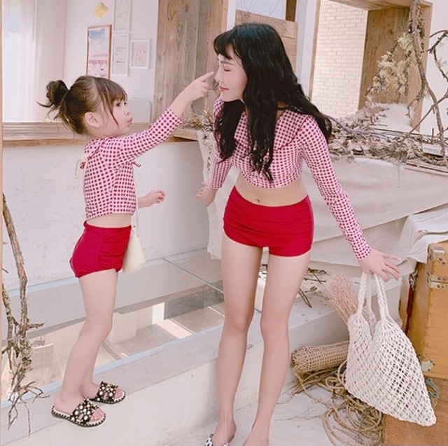 ベビー キッズ ジュニア 女の子 水着 セパレート スイムウェア ギンガムチェック ラッシュガード 日焼け防止 可愛い おしゃれ プール 海 スイミング ぐるぐる