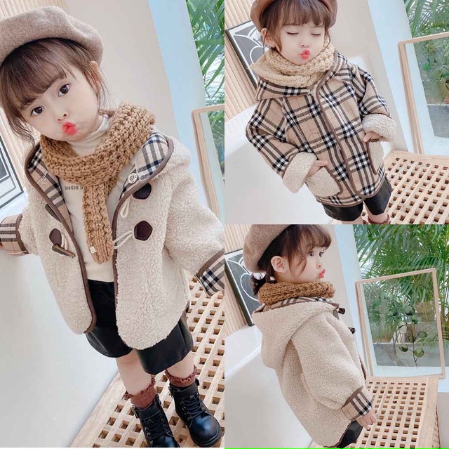a W 秋 冬 リバーシブル チェック柄 もこもこ ダッフル ジャケット コートアウター 長袖 キッズ 可愛い 女の子 男の子 韓国 子供服 ベージュ アイボリー 白 80 130 Clea