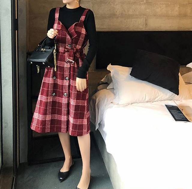 チェック柄 ジャンパースカート ロング丈 タイトスカート 春服 秋服 冬服 レディース 韓国 ファッション B0008 Aeka Clothet