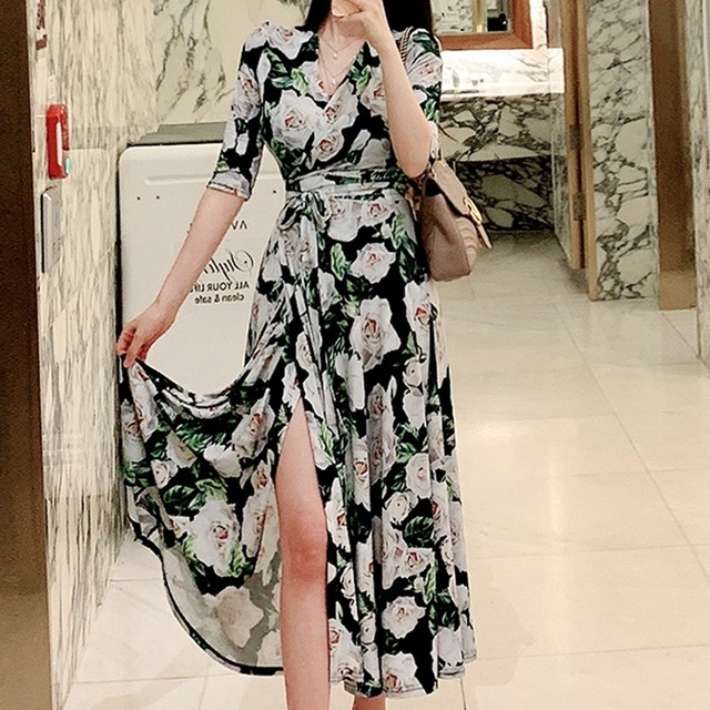ワンピース レディース 花柄ワンピース 5分袖 フラワー柄ワンピース 花柄ワンピ 花柄ロングワンピース リゾート 春 夏 春夏 マキシワンピース 海 プール フレアワンピース S M L Xlサイズ ブラック 黒 花柄マキシワンピース C Oss0012 My Charm マイチャーム ワンピース