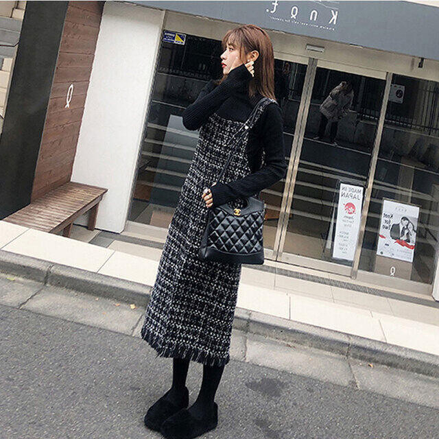 セットアップ レディース スカート ツーピース 長袖 ミモレ丈 レトロ 抜け感 シンプル おしゃれ 大人可愛い カジュアル ガーリー 女子会 普段着 秋 冬 黒 Evergreen