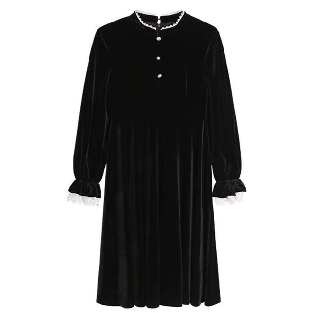 ワンピース ロング ミモレ ベロア レース バルーン袖 ゴスロリ フリル ひざ丈 Aライン長袖 かわいい フロントボタン 人気 秋 冬 新作 ブラック Country Road