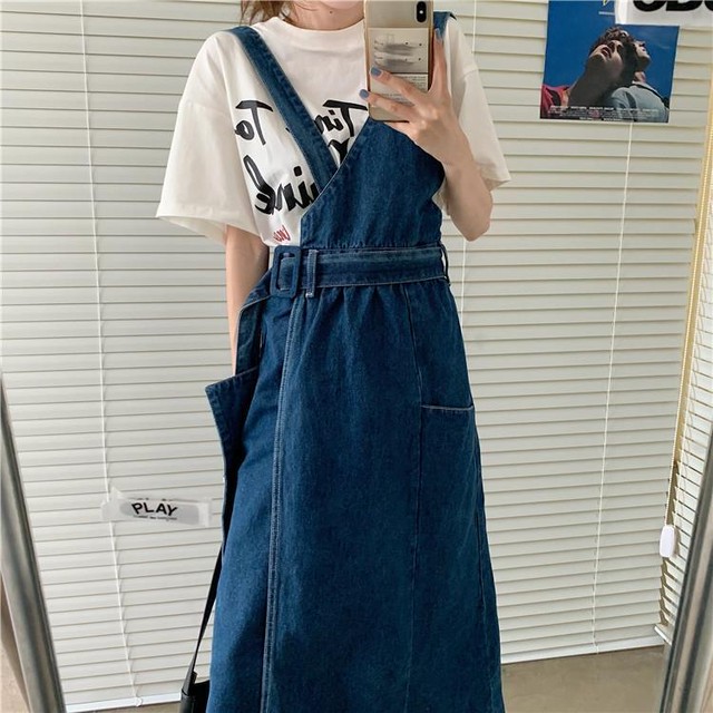 サロペットスカート ジャンパースカートワンピース デニム アシンメトリー ロング丈 カジュアル ストリート オールシーズン Pp Mahha Planet