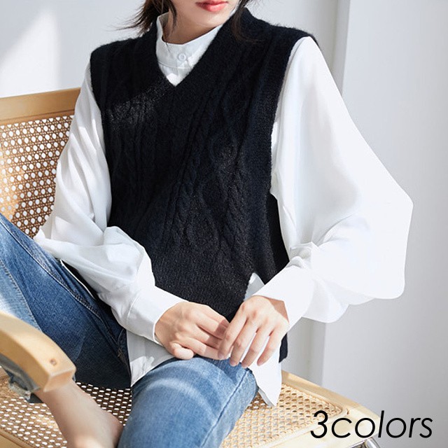 即納 ニット ベスト Vネック ケーブルニット アランニット スリット ノースリーブ 袖なし チョッキ レディース トップス 黒 ブラック アイボリー Ns 1078 Daily Closet