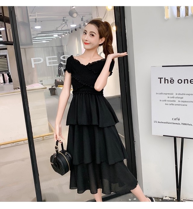 ワンピース マキシ丈 ティアードスカート Vネック オフショルダー 半袖 大人可愛い パーティー デート 夏 3色 Paprika