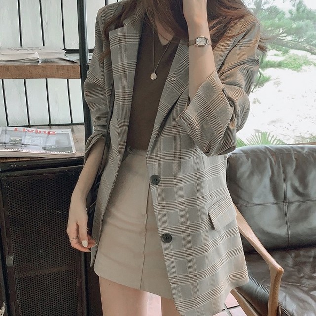チェック ジャケット 春服 レディース テーラードジャケット ゆったり オーバーサイズ 韓国 ファッション レディース チェック柄 ブレザー 春 アウター 羽織 レディース グレー系 チェック かわいい 大人可愛い Vestito