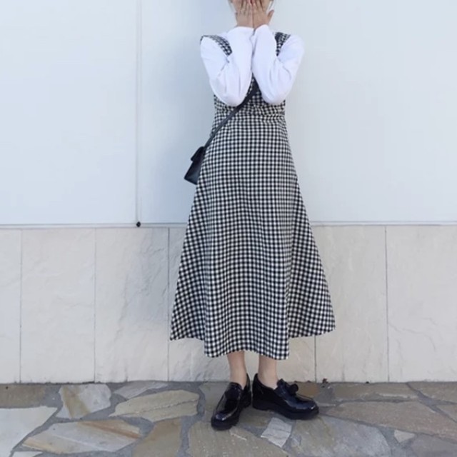 レトロかわいい チェックワンピース ガーリー シンプル 可愛い Aライン キャミワンピース チェック ギンガムチェック ブラック カジュアル ワンピース マキシ丈 レディースファッション トレンド 秋 モノトーン デート 女子会 お出かけ 6 Leaflower 001 リー
