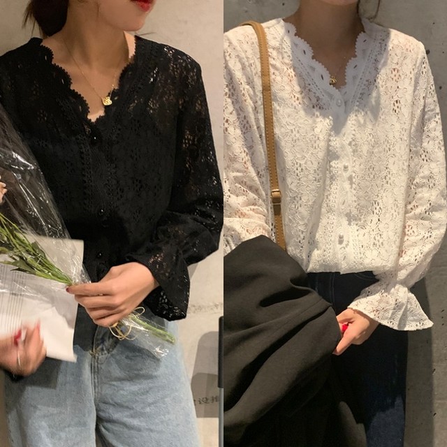 ブラウス レース 刺繍 レース ブラウス 白 黒 長袖 韓国 ファッション レディース 春服 夏服 レディース 春 夏 トップス スカラップ Vネック ノーカラー ブラウス ボタン 春 夏 レディース オフィスカジュアル Vestito