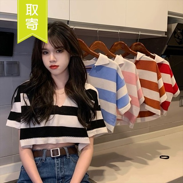 薄手ニット 半袖 ニット トップス ポロシャツ ボーダー柄 キレイめ ドロップショルダー サマーニット レディース ショート丈 スポーティー きちんと感 デート 取寄 発送目安14 21日営業日 Laff Store 会社情報 納期の確認をお願いします