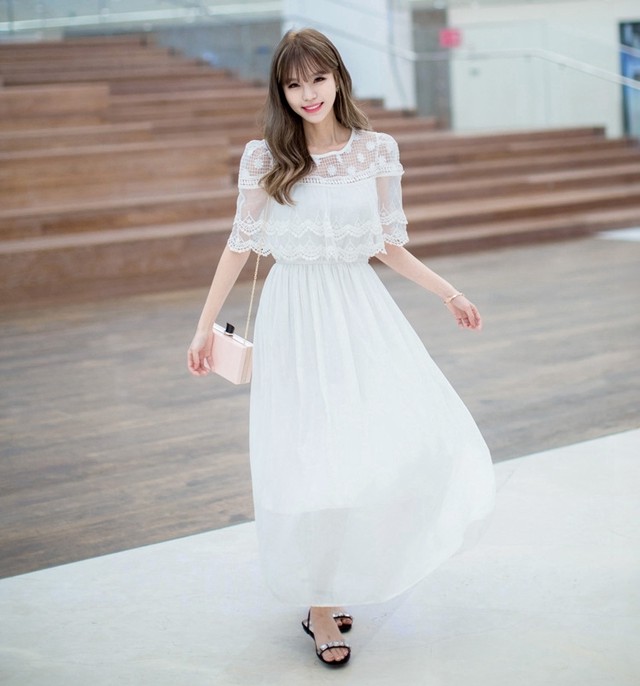 ボレロ風デザインがお洒落 マキシ丈シフォンワンピース 花柄 レース編み ロング セットアップ風 Ciqs3628 Boccatic