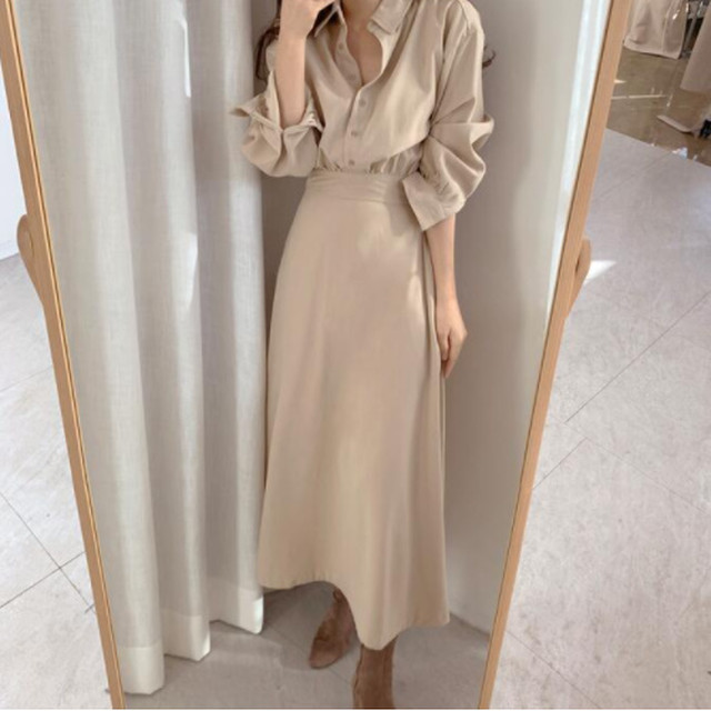 ドレス ワンピース ロング丈 七分袖 無地 ドレスワンピース 大人可愛い フォーマル セクシー エレガント 上品 韓国 秋冬 結婚式 二次会 シャツ ワンピース お呼ばれ 謝恩会 ブライスメイド 発表会 演奏会 代 30代 40代 ベージュ ドレス ワンピース Ok155 Sunny Place