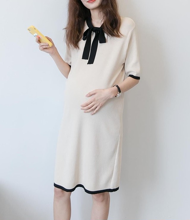 ニットワンピース リボンタイ 五分袖 ひざ丈 春夏 マタニティ 妊婦 大きいサイズ ゆったり D026 Like Home
