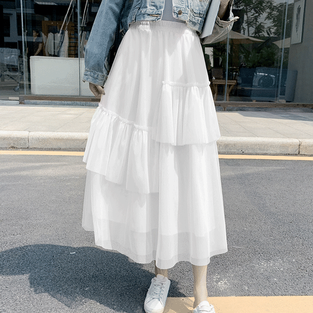 送料無料 アシメフリルチュールスカート スカート ロング チュールスカート フリルスカート ミモレ丈 春夏 チュール フリル ガーリー シースルー スカート Ingenuity