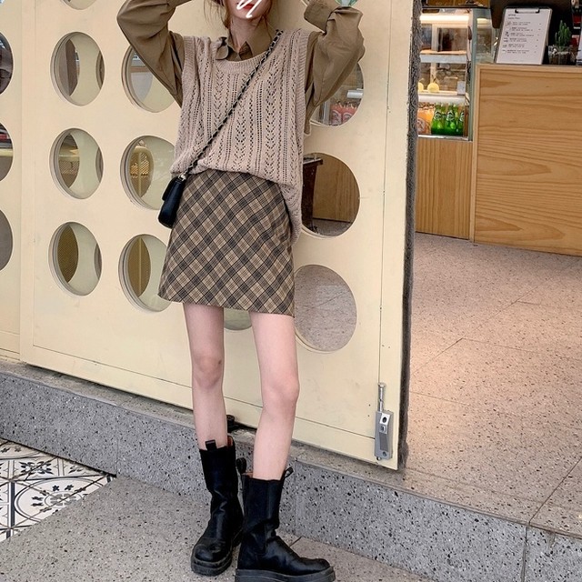 ニットベスト シャツ チェックスカート コーデセット I Vel