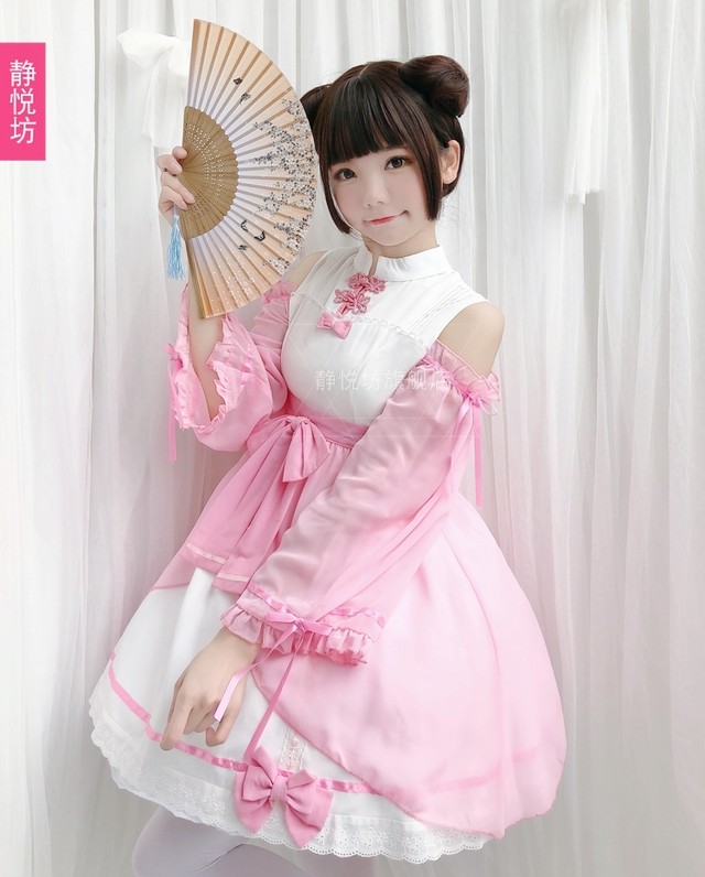 Aラインオフショルツートンチャイナワンピース ピンク コスプレ ロリータ Cubicbunny