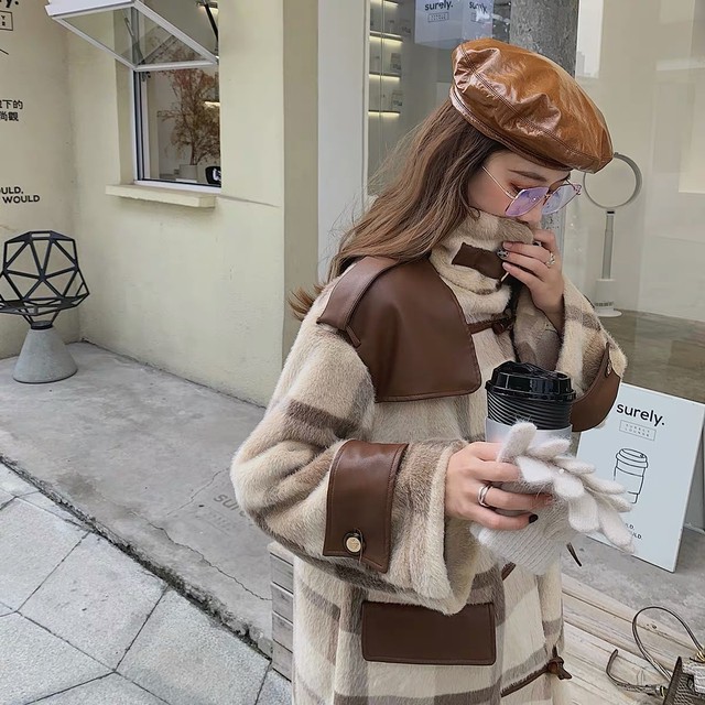 brown leather check coat