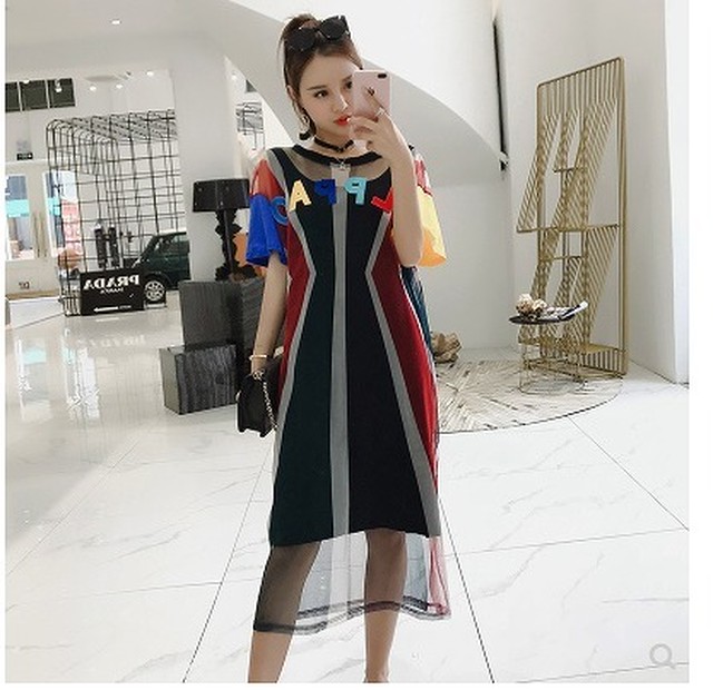 大きいサイズ レディース カラフルシースルー重ね着風ワンピース 半袖 五分袖 春夏 S 大きいサイズ 送料無料 レディース通販店 ｋｅｃｃｈi 静岡 Base売り場